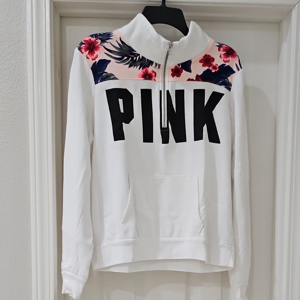 PINK Victoria's Secret White Graphic Long Sleeve Polo Sweatshirt